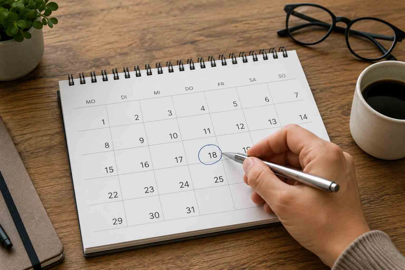 Hand markiert mit einem Stift ein Datum in einem Tischkalender, daneben Brille und Kaffeetasse