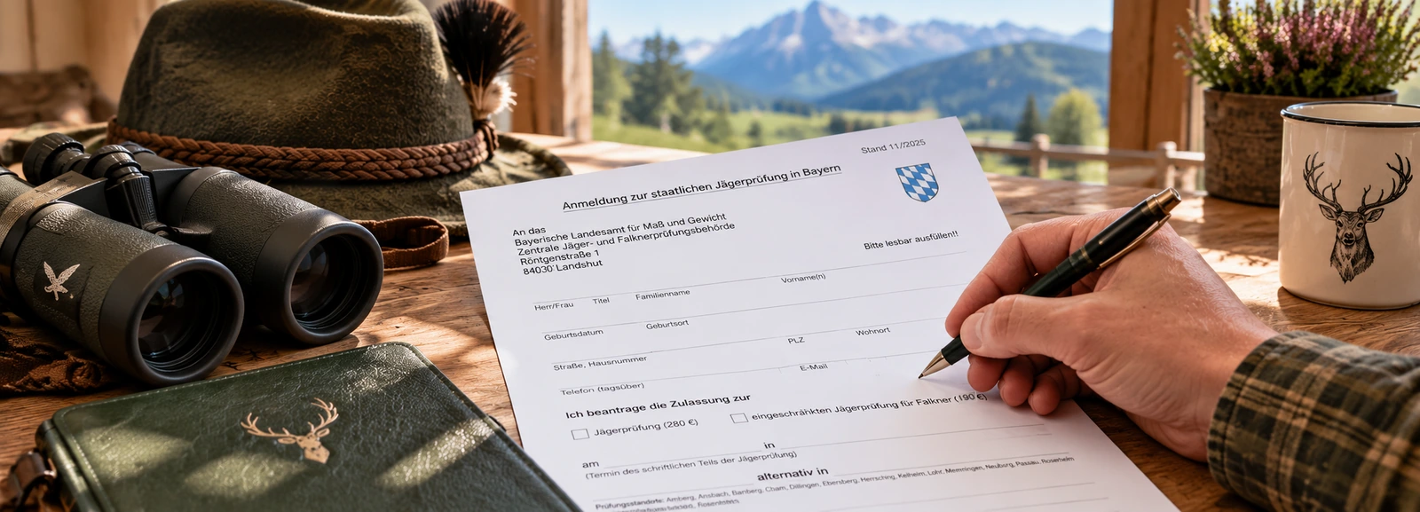 Anmeldeformular zur staatlichen Jägerprüfung in Bayern auf einem Holztisch, daneben Fernglas, Jagdhut und eine Tasse