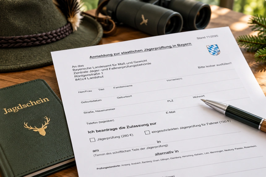 Anmeldeformular zur staatlichen Jägerprüfung in Bayern mit den Feldern für Name, Anschrift und Prüfungsort, daneben ein Jagdscheinetui, ein Hut und ein Fernglas