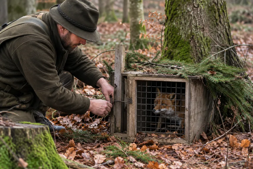 Jäger kniet im Wald an einer hölzernen Lebendfalle und richtet den Mechanismus ein