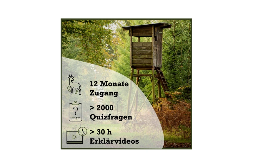 Hinweisbild der Jägerschmiede-Lernplattform mit Hochsitz im Wald und den Angaben zwölf Monate Zugang, über 2000 Quizfragen und über 30 Stunden Erklärvideos