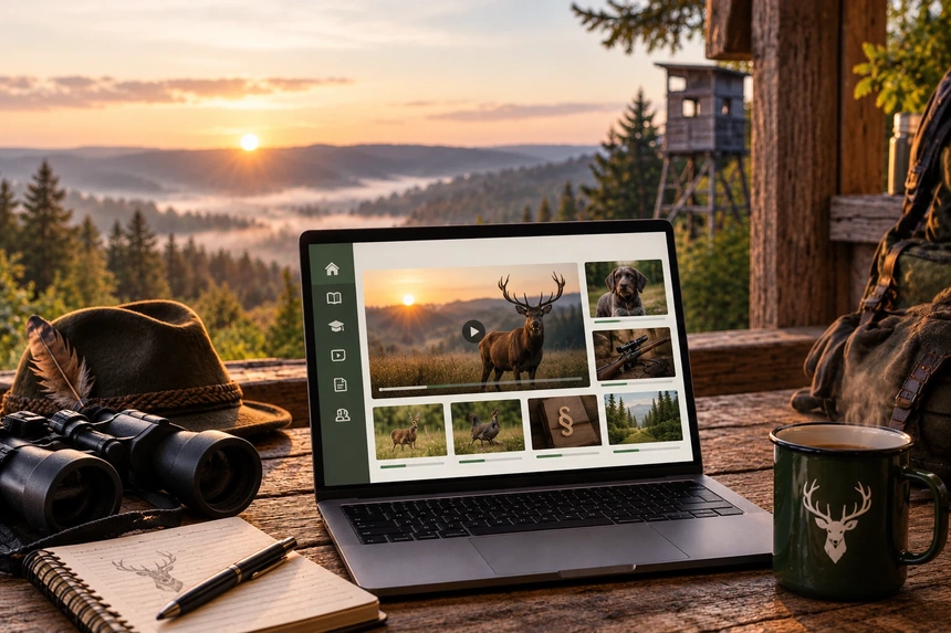 Laptop mit der Jagd-Lernplattform auf einem Holztisch im Freien, daneben Jagdhut, Fernglas und ein Becher; im Hintergrund ein Hochsitz und Morgennebel über bewaldeten Hügeln