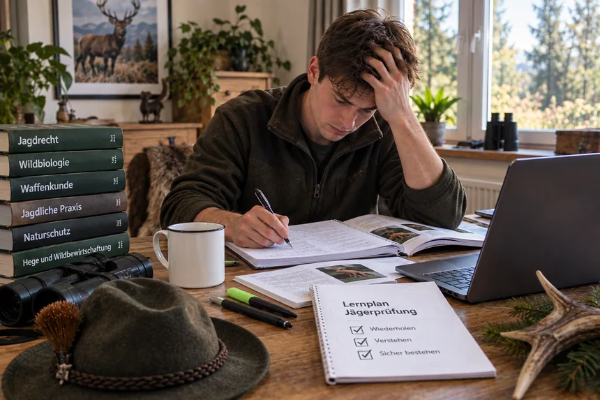Junger Mann sitzt über Lehrbüchern und Notizen an einem Holztisch, daneben Fachbücher zu Jagdrecht und Wildbiologie