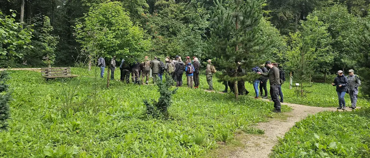 Kursgruppe der Jagdschule Abt beim Reviergang auf einem Waldweg im Lehrrevier