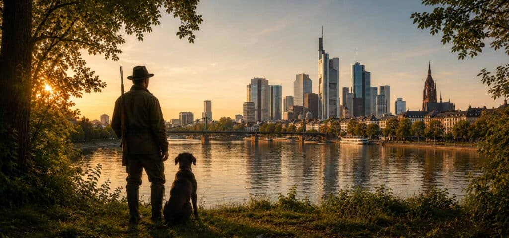 Jäger mit Hund mit Blick auf die Frankfurter Skyline am Main